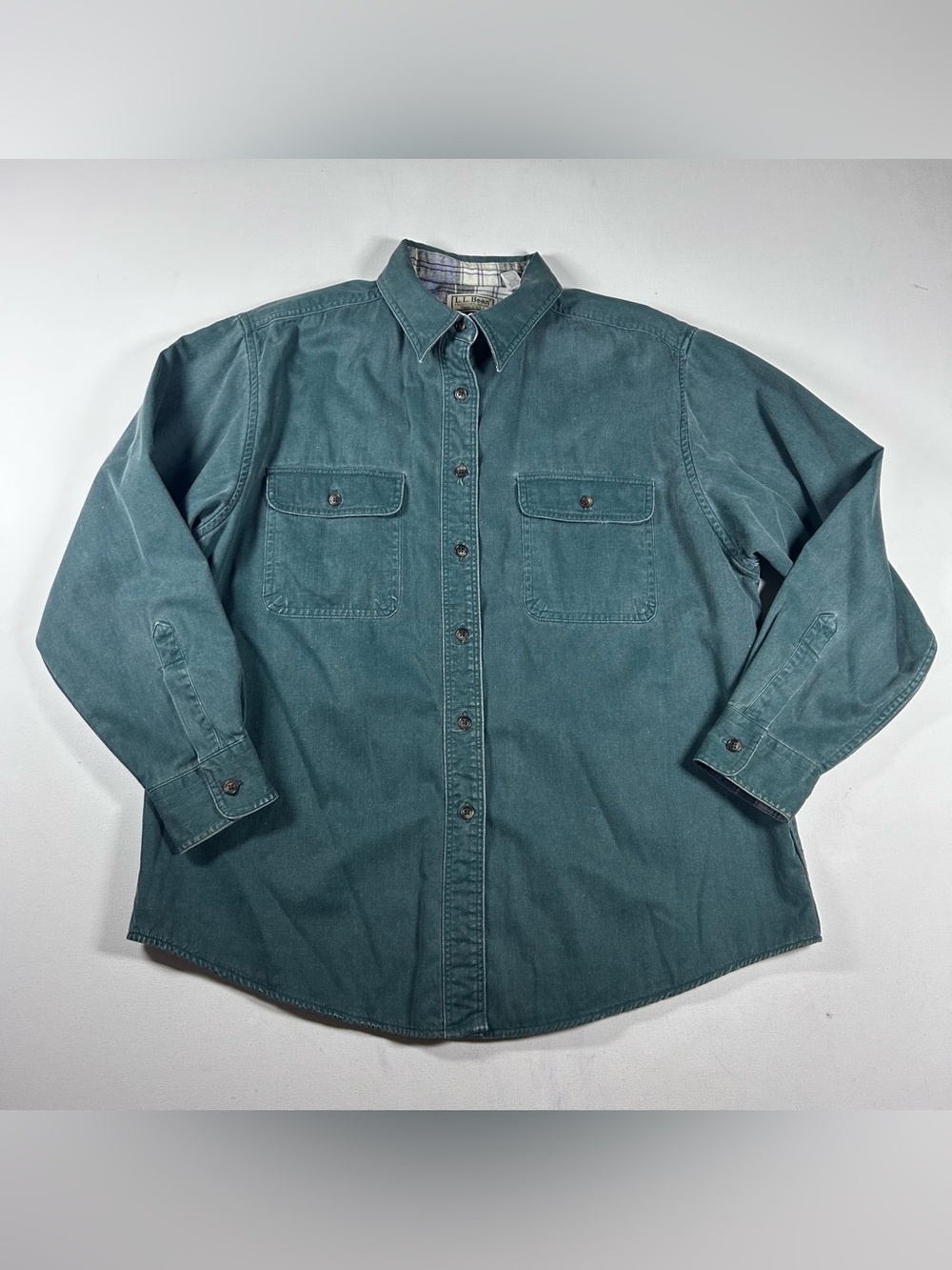 LL Bean Womens L Flannel Lined Denim Shirt Jacket Green Plaid Made USA Vintage